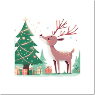 Reindeer Enjoying Their Christmas Tree - White Background Posters and Art